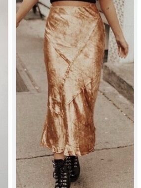 Free People Noa Crushed Velvet Gold Midi Slip Skirt